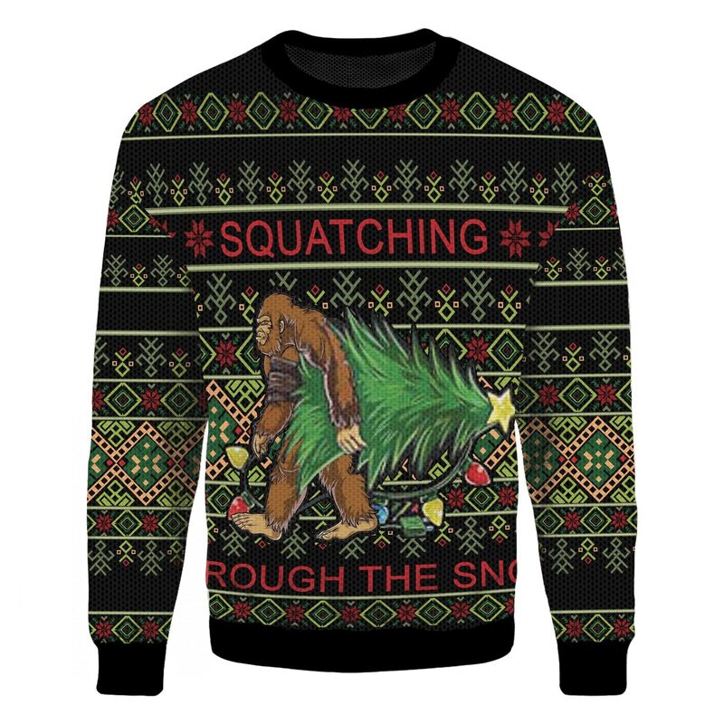 Black Bigfoot Ugly Christmas Sweater Squatching Through The Snow