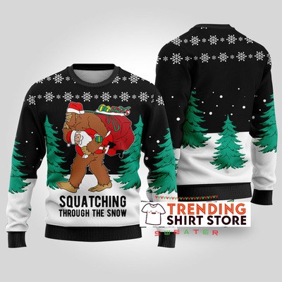 Black Squatching Through The Snow Bigfoot Ugly Christmas Sweater