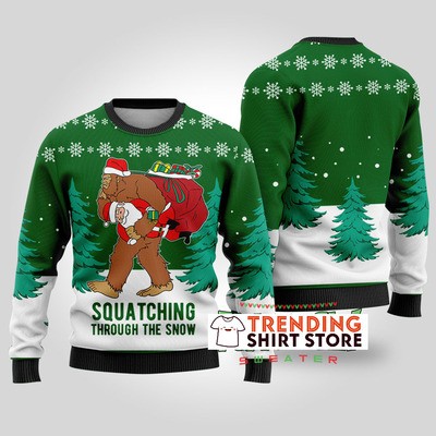 Green Squatching Through The Snow Bigfoot Ugly Christmas Sweater
