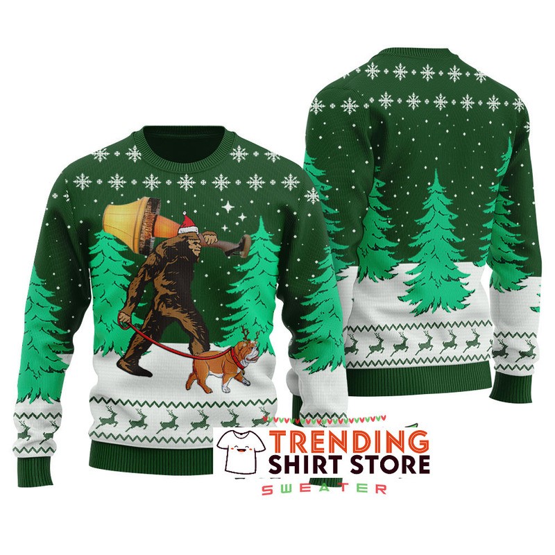 Green Bulldog With Bigfoot Ugly Christmas Sweater