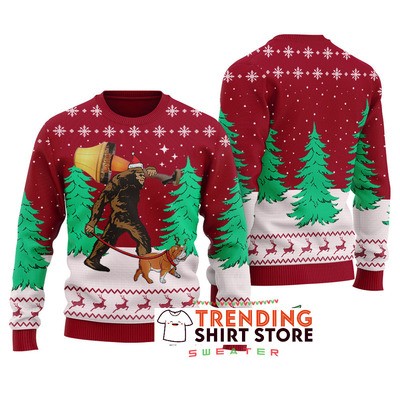 Red Bulldog With Bigfoot Ugly Christmas Sweater