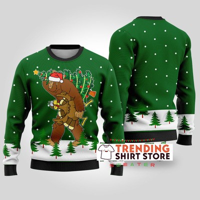 Funny Green Thanksgiving Bigfoot Steals Turkey Ugly Christmas Sweater