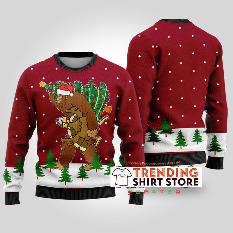 Funny Red Thanksgiving Bigfoot Steals Turkey Ugly Christmas Sweater