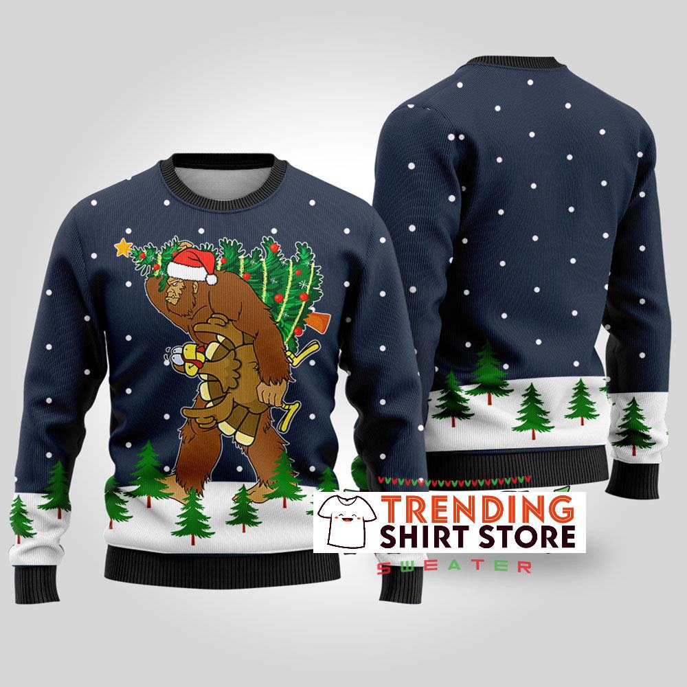 Funny Navy Thanksgiving Bigfoot Steals Turkey Ugly Christmas Sweater