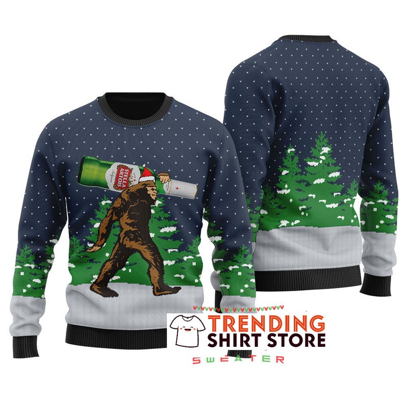 Funny Navy Bigfoot Ugly Christmas Sweater Stella Artois Beer
