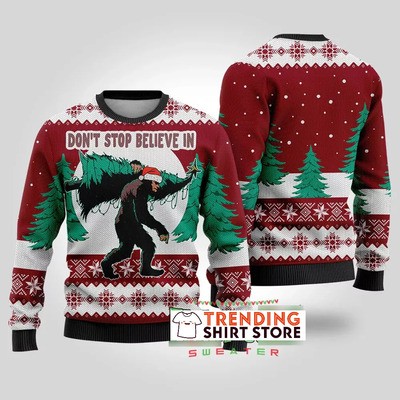 Red Bigfoot Ugly Christmas Sweater Don't Stop Believe In