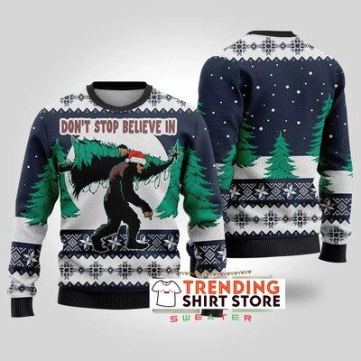 Navy Bigfoot Ugly Christmas Sweater Don't Stop Believe In