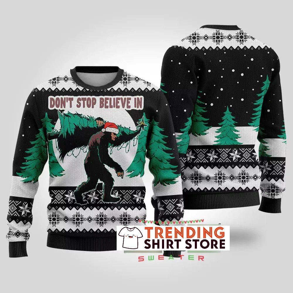 Black Bigfoot Ugly Christmas Sweater Don't Stop Believe In