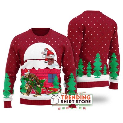 Funny Red Bigfoot Steals Christmas Tree Ugly Christmas Sweater