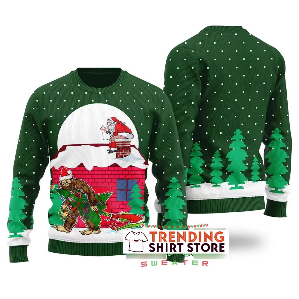Funny Green Bigfoot Steals Christmas Tree Ugly Christmas Sweater