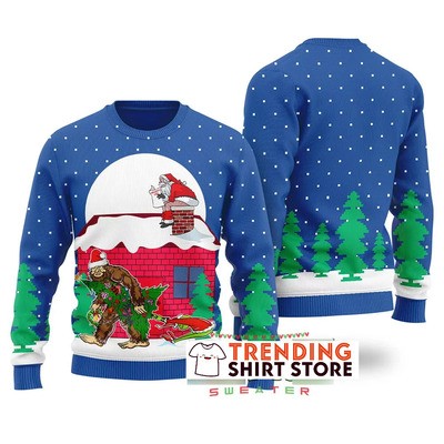 Funny Royal Bigfoot Steals Christmas Tree Santa Clause Poops On The Chimney Ugly Christmas Sweater