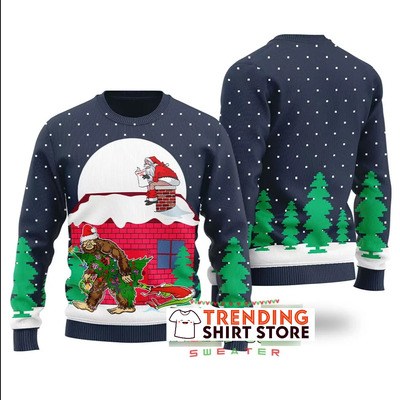 Funny Navy Bigfoot Steals Christmas Tree Santa Clause Poops On The Chimney Ugly Christmas Sweater