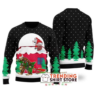 Funny Black Bigfoot Steals Christmas Tree Santa Clause Poops On The Chimney Ugly Christmas Sweater