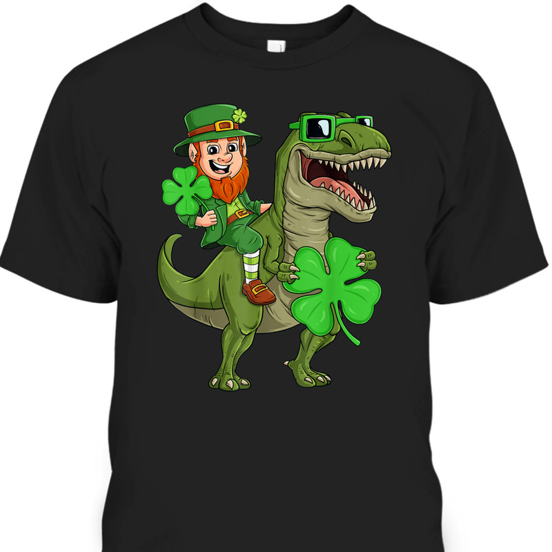 St Patrick's Day T-Shirt Leprechaun Riding T-Rex Funny Dino Boys