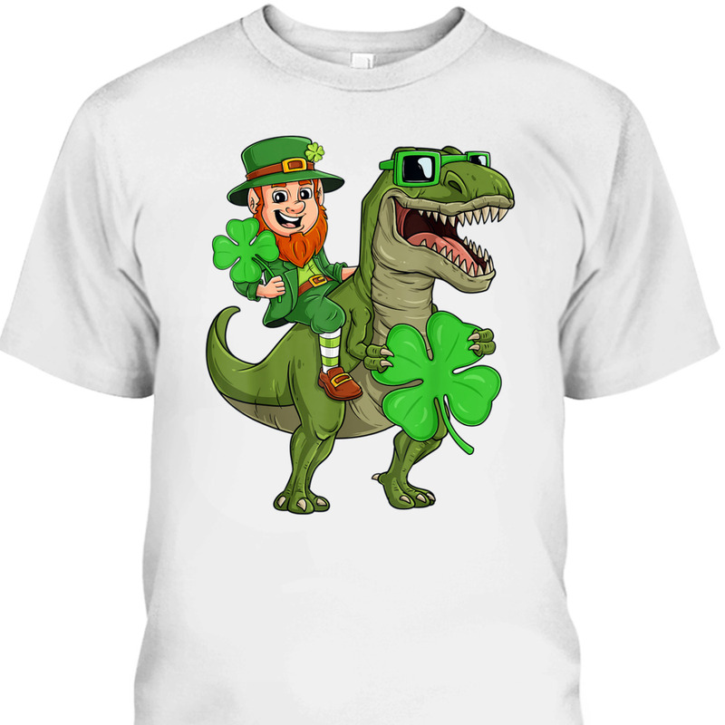 St Patrick's Day T-Shirt Leprechaun Riding T-Rex Funny Dino Boys