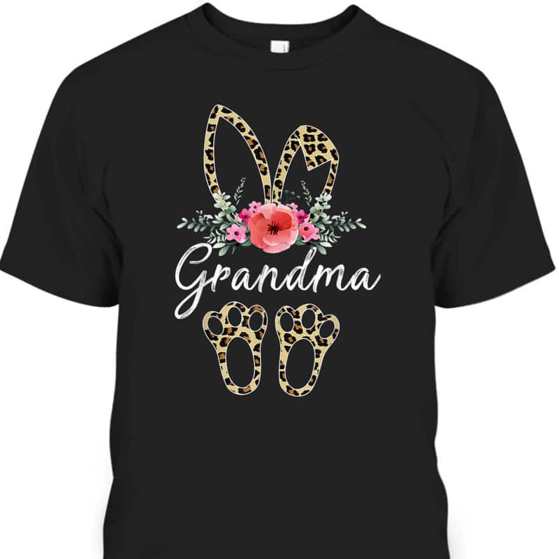 Mother's Day Easter For Grandma Leopard Bunny Floral T-Shirt