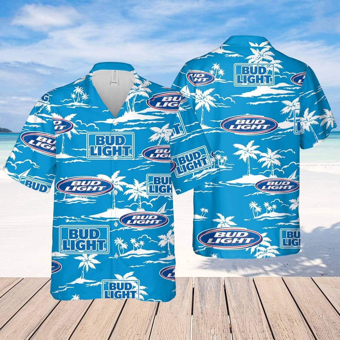 Bud Light Hawaiian Shirt Beach Pattern On Blue Theme