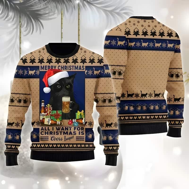 Black Cat All I Want For Christmas Is Coors Banquet Christmas Sweater