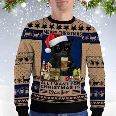 Black Cat All I Want For Christmas Is Coors Banquet Christmas Sweater