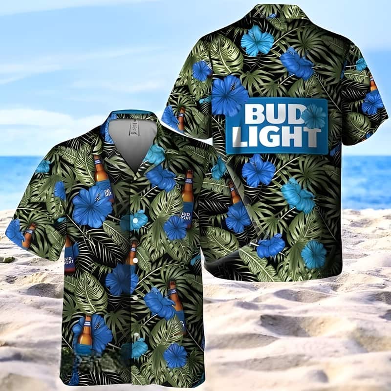 Bud Light Hawaiian Shirt Tropical Hibiscus Flowers And Palm Leaves
