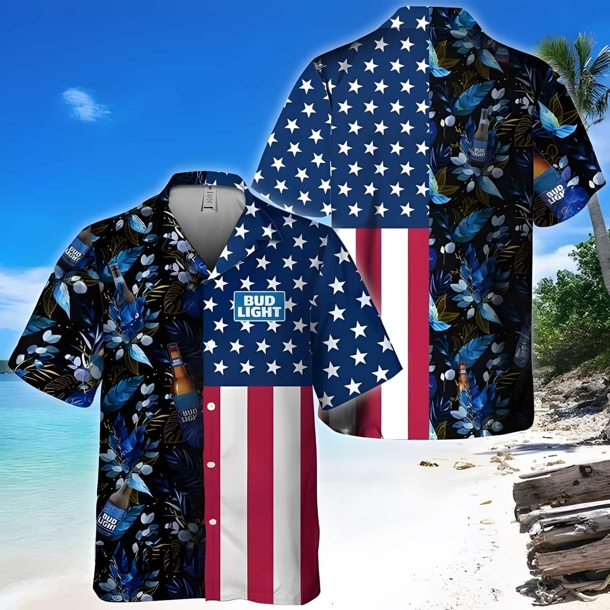 Bud Light Hawaiian Shirt US Flag Tropical Flowers