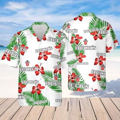 Beck's Beer Hibiscus Flower And Tropical Palm Leaves Hawaiian Shirt