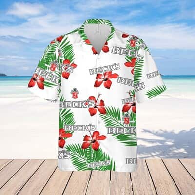 Beck’s Beer Hibiscus Flower And Tropical Palm Leaves Hawaiian Shirt