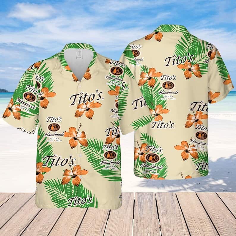 Tito's Vodka Hawaiian Shirt Hibiscus Flower And Palm Leaves Pattern