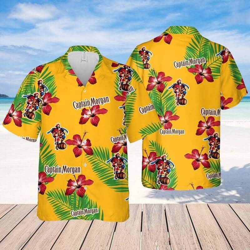 Captain Morgan Hawaiian Shirt Hibiscus Flower Palm Leaves Beach Lovers Gift