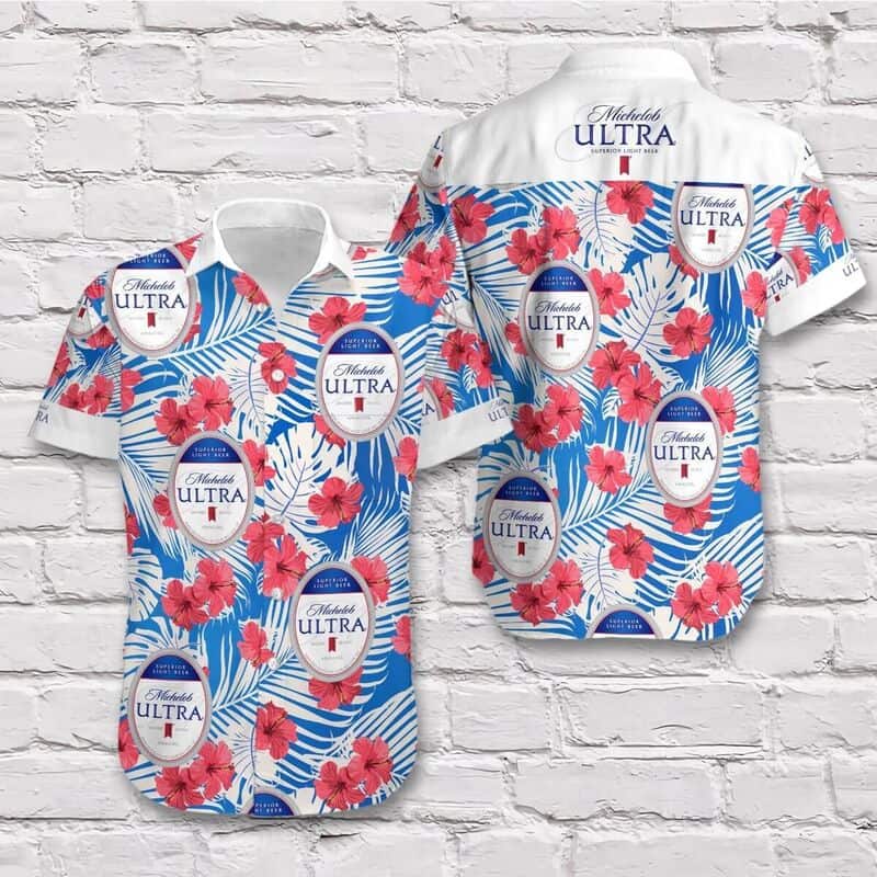 Michelob Ultra Beer Hawaiian Shirt Hibiscus Flowers And Palm Leaves