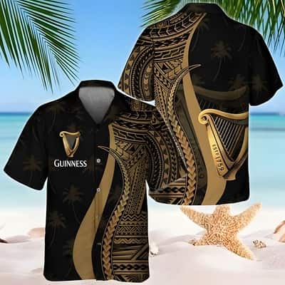 Guinness Beer Hawaiian Shirt Gold Polynesian Blend Tropical Coconut Tree Pattern
