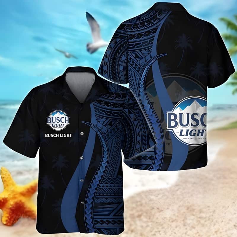 Busch Light Beer Hawaiian Shirt Blue Polynesian Pattern
