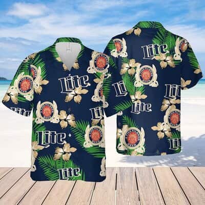 Miller Lite Hawaiian Shirt A Fine Pilsner Beer Hibiscus Flower Pattern