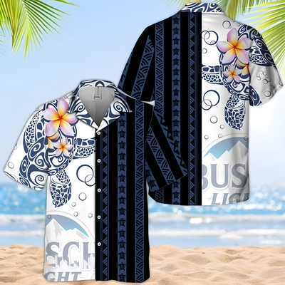 Busch Light Beer Hawaiian Shirt Polynesian Pattern Blend Ocean Turtle