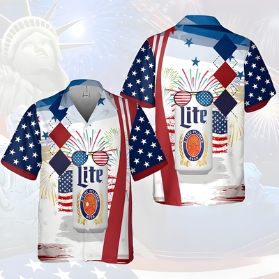 Miller Lite Hawaiian Shirt USA Flag Fireworks Independence Day