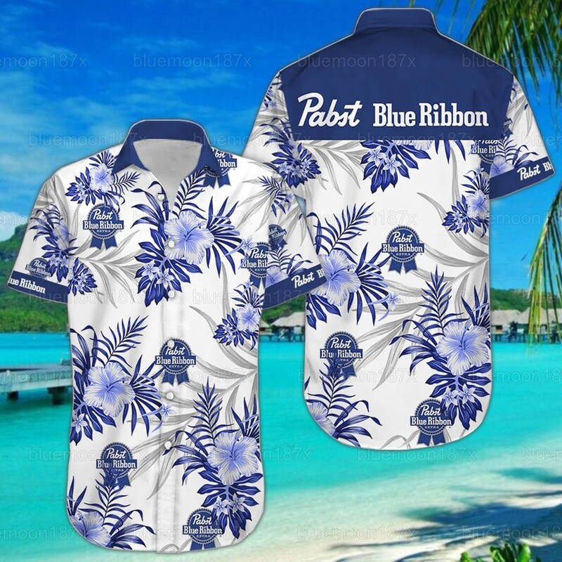 Pabst Blue Ribbon Hawaiian Shirt Tropical Flower Pattern Beach Lovers Gift