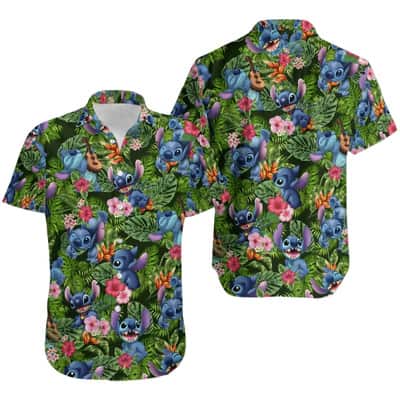 Disney Stitch Hawaiian Shirt Tropical Leaves Pattern Summer Beach Gift