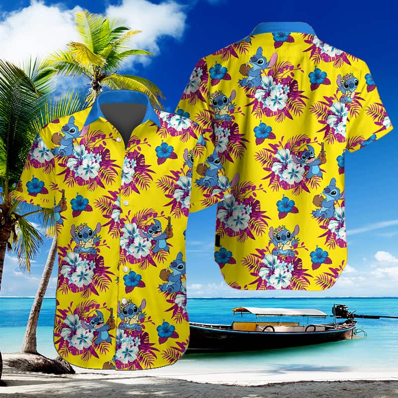 Yellow Aloha Disney Stitch Hawaiian Shirt Tropical Flower Pattern
